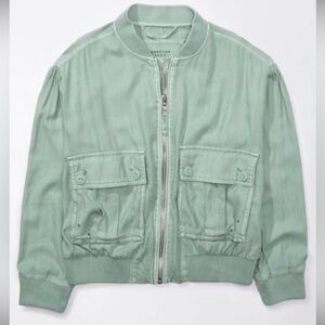 American Eagle-Linen-Blend Cropped Bomber Jacket-Size Small-Moss Grey